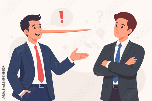 Businessman with a long Pinocchio nose lying to a skeptical colleague in a suit. Flat vector illustration depicting corporate dishonesty, deception, fraud, and lack of trust in a business deal.