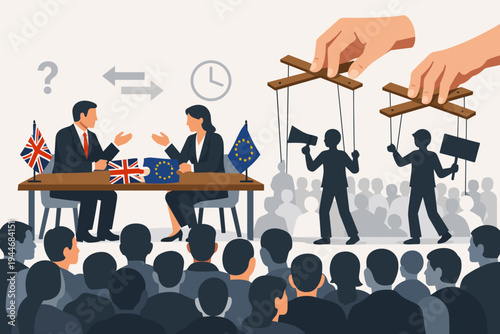 Brexit Negotiations and Political Manipulation Concept with UK and EU Representatives at a Table, Puppet Masters Controlling Protesters, and a Large Crowd Watching. Flat Vector Illustration.