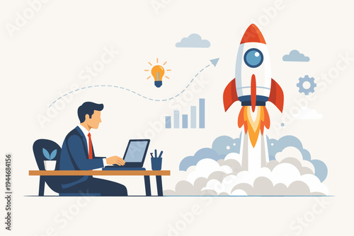 Businessman Working on Laptop Launching a Startup Rocket Vector Illustration. Flat Design of Entrepreneur Starting a New Project with Idea Lightbulb, Growth Chart, and Smoke Background.