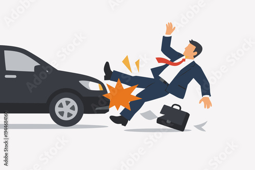 Flat Vector Illustration of a Businessman in a Suit Being Hit by a Black Car on a Light Background, Representing a Road Accident, Personal Injury, Insurance Claim, and Pedestrian Safety Concept.