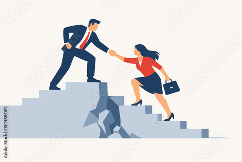 Vector illustration of a businessman reaching down to pull up a female colleague on a broken staircase, symbolizing mentorship, support, teamwork, and overcoming career challenges together.