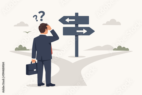 Confused businessman in a suit with a briefcase standing at a fork in the road looking at a signpost with arrows, concept of career path choice, business strategy, and making difficult decisions.