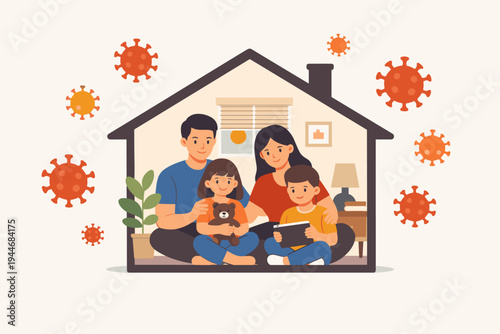 Happy Family Staying Safe Together Inside Their House During Coronavirus Pandemic, Flat Vector Illustration of Parents and Children in Quarantine, Social Distancing and Health Protection Concept