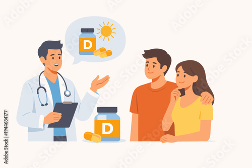Doctor advising young couple about Vitamin D supplements and sun exposure for health, featuring a bottle of pills and sun icon in a speech bubble, simple flat vector illustration style design.