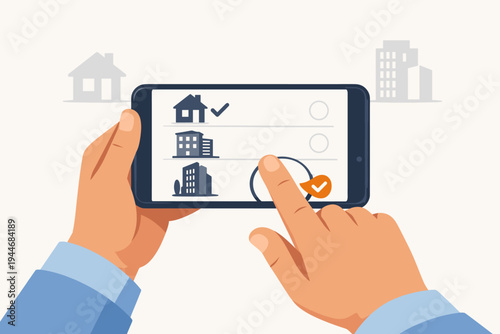 Man hand holding smartphone touching screen to make an apartment choice on a real estate mobile app. Vector illustration of digital property search, online house hunting, and home rental.