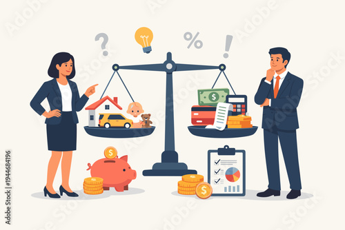 Flat Vector Illustration of a Professional Couple Balancing Family Life and Financial Planning on a Scale with House, Car, Child, Money, Piggy Bank, and Investment Charts for Budget Management.