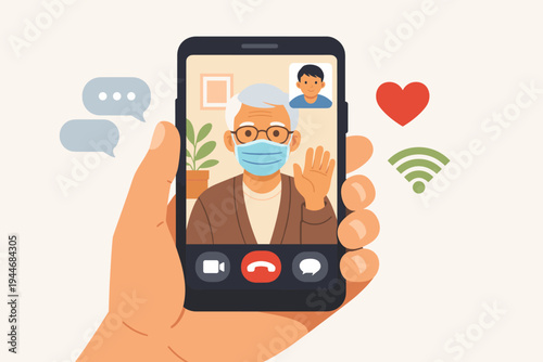 Hand Holding Smartphone for Video Call with Elderly Grandfather Wearing Face Mask, Grandson Chatting with Senior Family Member via Mobile App, Digital Communication and Health Safety Illustration.