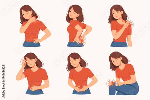 Vector Set of a Woman Suffering from Various Body Pains and Aches Including Neck Pain, Lower Back Pain, Shoulder Injury, Headache, Stomach Ache, and Knee Pain, Flat Illustration for Health Care