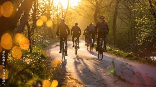 Group of cyclists riding along tree lined path in sunlight