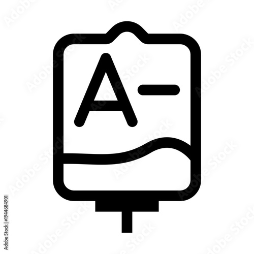 Illustration of an IV drip bag with the blood type A negative symbol prominently displayed inside a rectangular frame, representing medical supplies and donations