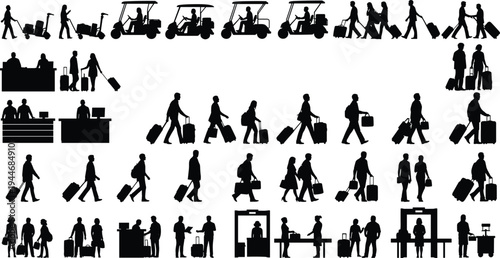 Airport traveler silhouettes collection, passengers with luggage walking check in security transport illustration isolated travel activity set