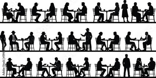 Cafe people silhouettes collection, customers sitting at tables drinking coffee talking, restaurant social meeting lifestyle illustration set isolated