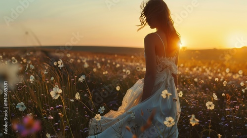 Woman standing in wildflower field at golden sunset with breeze and soft light