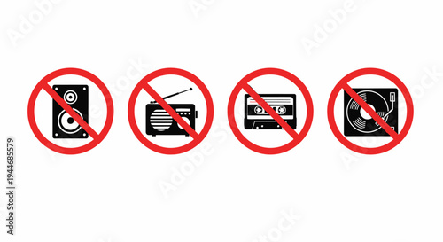 Forbidden Audio Devices Vector Icons Speaker, Radio, Cassette and Turntable