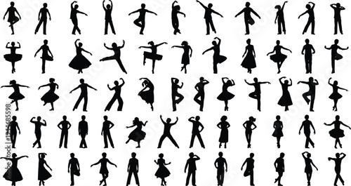 Collection of dancing people silhouettes in various poses, energetic movement, dancers set, performance, choreography, isolated black figures illustration for design