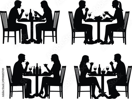 Couple dining silhouettes collection, romantic dinner date people sitting at restaurant table drinking wine conversation illustration set