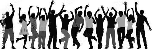 Dancing people silhouettes group, happy crowd celebrating with raised hands, party celebration human figures isolated black silhouette illustration
