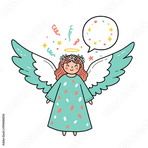 cute little angel girl with wings and halo illustration in doodle style. smiling character with speech bubble and confetti isolated on white background for nursery and greeting card design