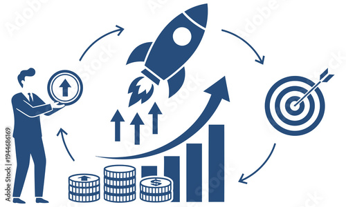 Businessman launching rocket for financial growth and target success