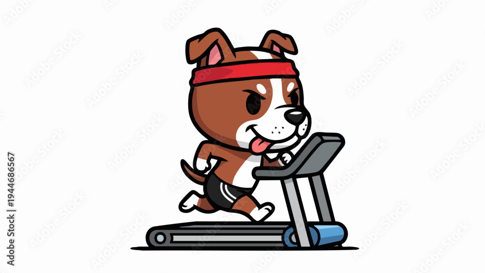 Obraz premium Cartoon Dog Running on Treadmill with Red Headband.
