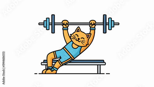 Cartoon Cat Lifting Weights on Bench Press.