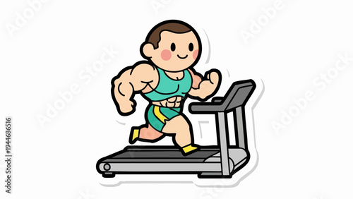 Cute muscular man cartoon character running on a treadmill for fitness.