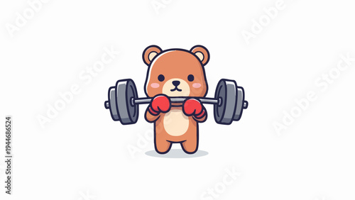Cute cartoon bear lifting weights, showing strength and determination.