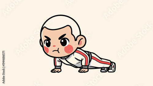 Determined Cartoon Boy Doing Push-Ups with Focused Expression.