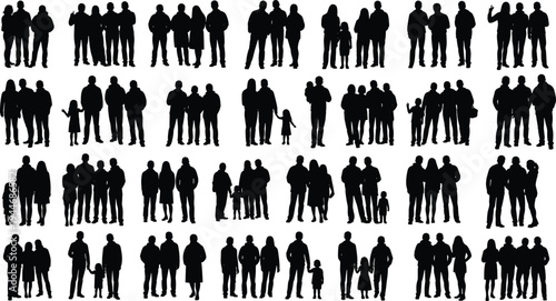 Family people silhouettes collection, parents with children standing together, group figures, human crowd set, isolated black silhouette illustration bundle