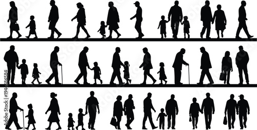 Family walking silhouettes collection, parents children and elderly people moving together, daily life lifestyle illustration isolated design set