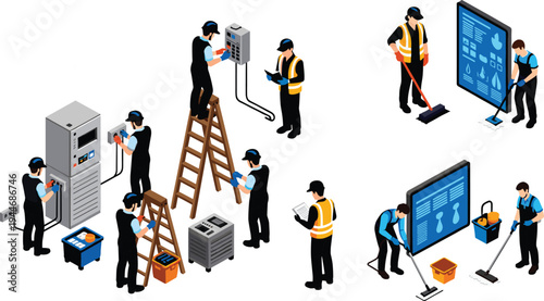 Electrician technicians and janitor workers vector illustration, electrical maintenance and cleaning service teamwork concept