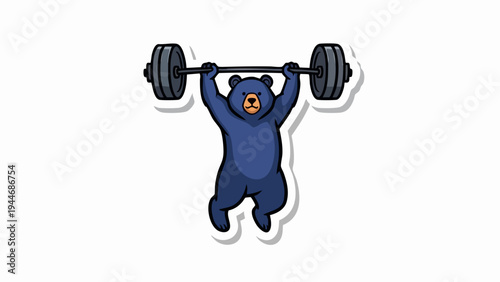 Strong blue cartoon bear lifting a heavy barbell overhead.