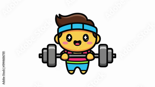 Cute Cartoon Boy Lifting Barbell with Determination and Focus.