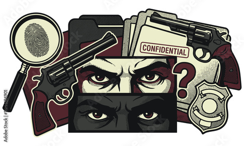 Police investigation with confidential files and suspect eyes