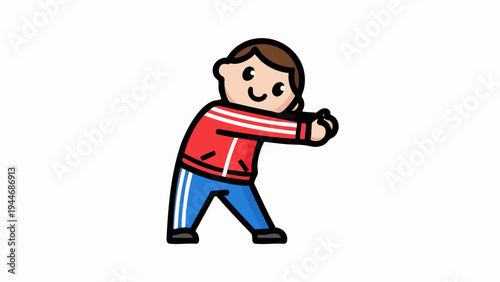Cartoon person stretching arms forward in red jacket and blue pants.