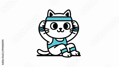 Cute cartoon cat doing exercise wearing sportswear and headband.