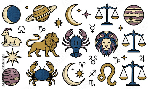 Zodiac symbols illustration with stars planets and astrology icons