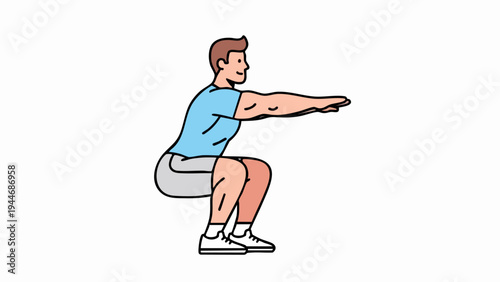 Man Performing a Squat Exercise with Arms Extended Forward.