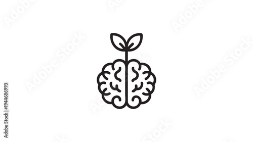 Minimalist black line of a brain with sprouting leaves concept idea learning