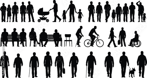 People daily life silhouettes collection, walking sitting cycling parents with stroller elderly with cane, urban lifestyle activity illustration