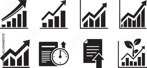 Set of eight growth chart icons depicting business progress and financial analysis with various elements