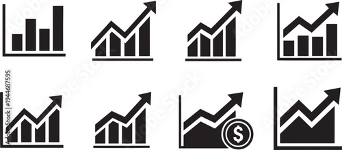 Set of eight growth chart icons depicting financial prosperity and business development with arrows