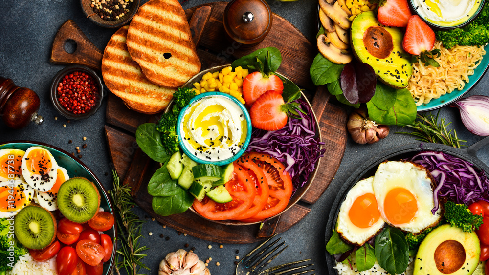 Fototapeta premium vegan, detox Buddha bowl with tomatoes, cabbage, corn and cheese. Diet food concept.