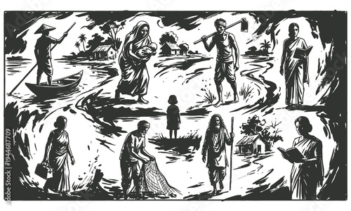 People in traditional clothing are engaged in daily activities by the river