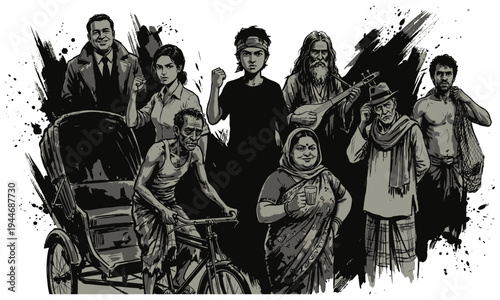 People from different walks of life gather around a rickshaw in a city