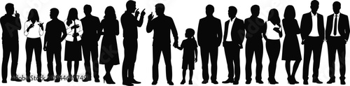People silhouettes group collection, men women and child standing together talking, community teamwork social interaction illustration isolated set