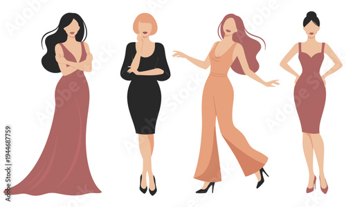 Four women in different dresses and poses standing on a white background