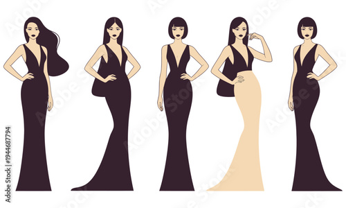 Five elegant women in formal gowns standing in a line illustration