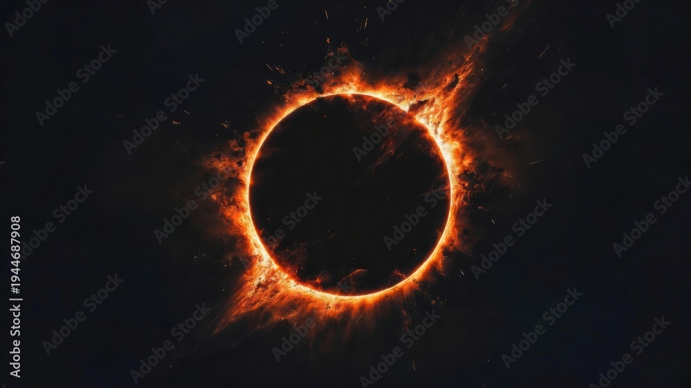 Fototapeta premium Annular solar eclipse creating dramatic ring of fire spectacle in deep space, lunar disk obscuring the sun