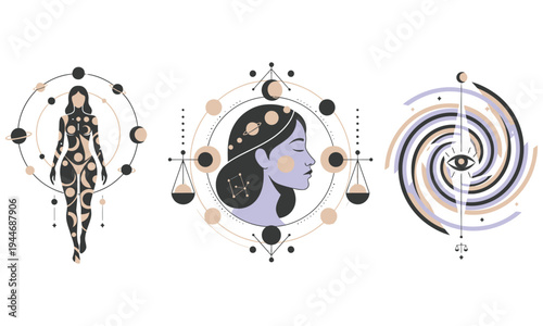 Astrological illustration of woman with zodiac signs and cosmic elements